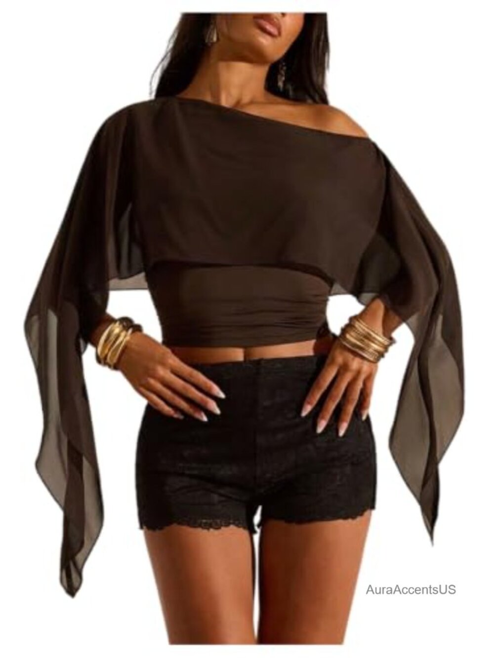 Women's Off Shoulder Cropped Cape Top Mesh Poncho 3/4 Sleeve Asymmetrical - Picture 1 of 5